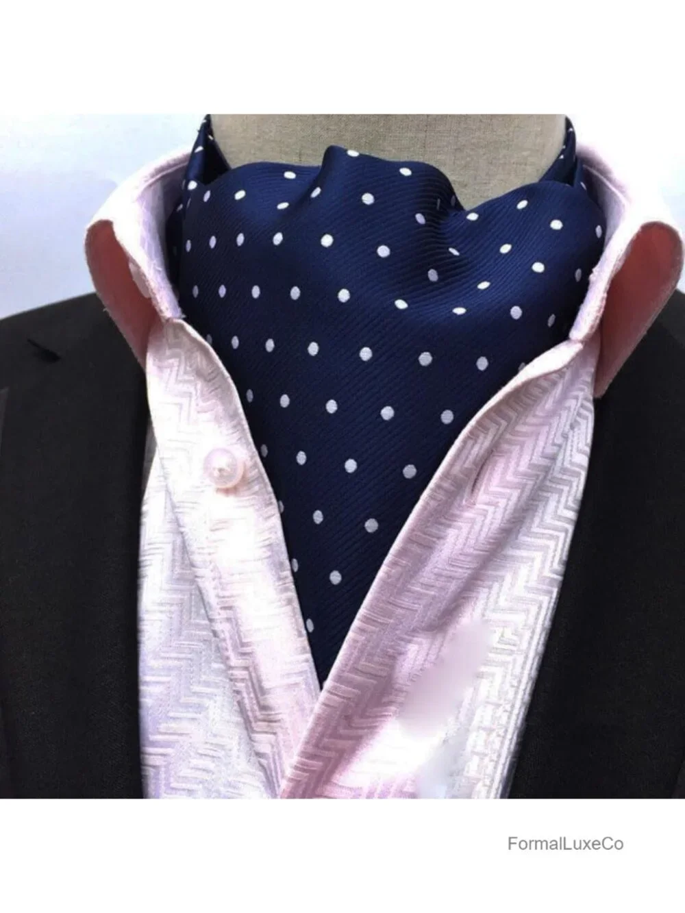 Men's Polka Dot Ascot Tie Cravat Set with Pocket Square and Cufflinks for
